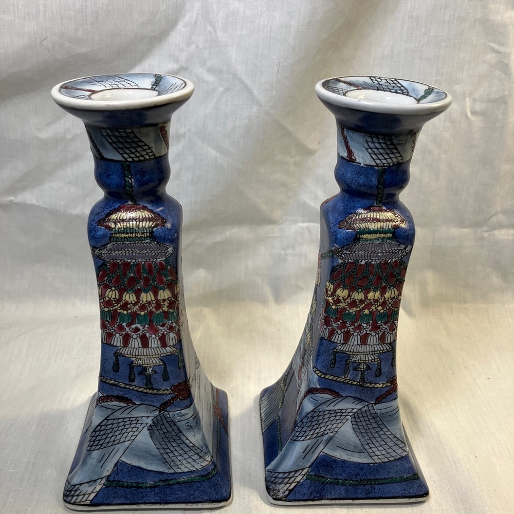 Pair of Vintage Asian Candlesticks.  Hand Painted.